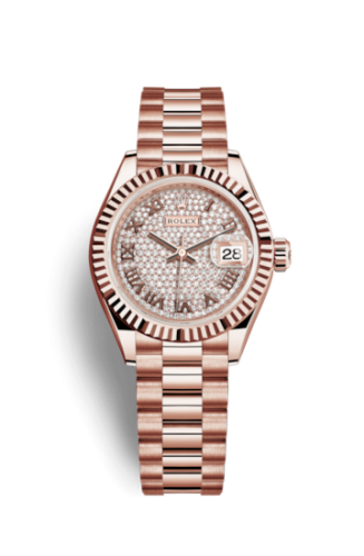 Lady-Datejust 28 Everose Fluted / President / Paved Roman