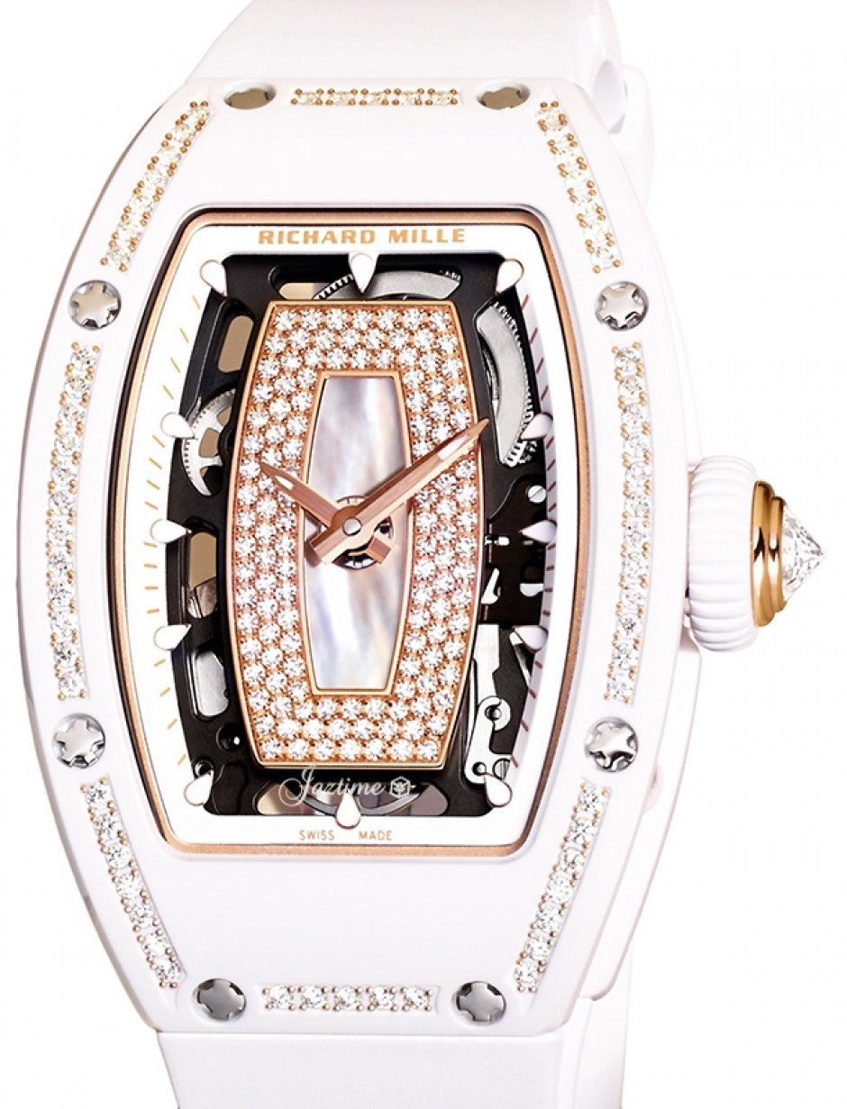 Automatic Winding White Ceramic Diamond Bezel Diamond Jasper Mother of Pearl Dial…