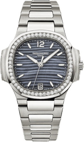 Nautilus Ladies 33.6mm Blue Stainless Steel Mother of Pearl Index Diamond Bezel Date