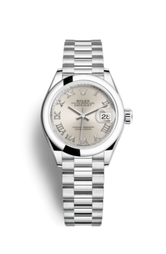 Lady-Datejust 28 Platinum Domed / President / Silver Roman