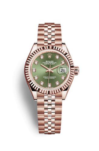 Lady-Datejust 28 Everose Fluted  / Jubilee / Olive Green Diamond
