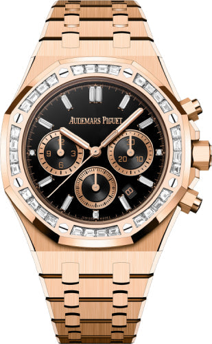 Royal Oak 38mm Chronograph Rose Gold Diamond Set Bezel Black Onyx Diamond Baguette…