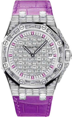 Royal Oak Offshore Quartz 37mm Diamond Pave Pink Sapphires White Gold Leather