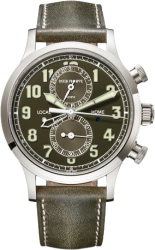 Complications Calatrava Pilot Travel Time Chronograph White Gold Khaki Green Dial