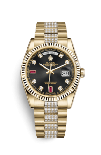 Day-Date 36 Yellow Gold Fluted / President Diamonds / Black Diamonds Rubies