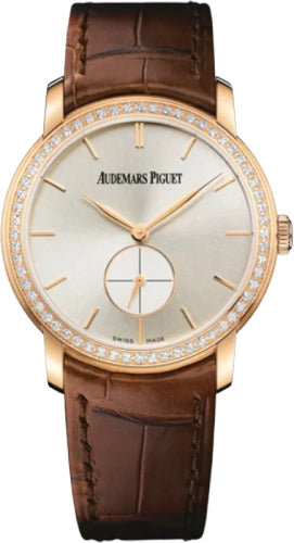 Jules Audemars Small Seconds 33mm Silver Index Diamond Bezel Rose Gold Leather