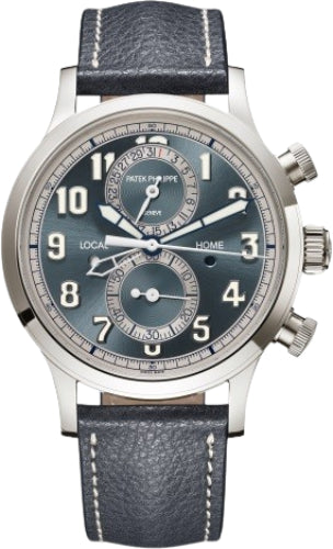 Complications Calatrava Pilot Travel Time Chronograph White Gold Blue-Gray Dial