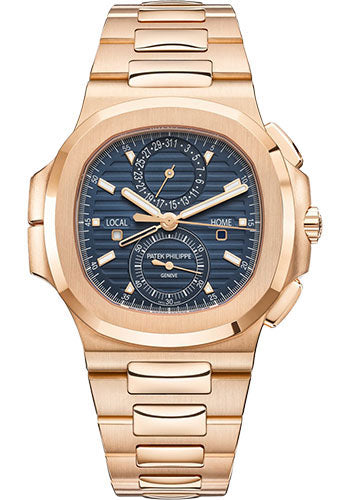 Nautilus Self-Winding Travel Time Chronograph 40.5mm Rose Gold Case Blue Dial