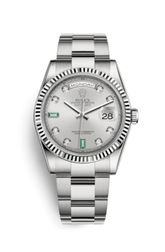 Day-Date 36 White Gold Fluted / Oyster / Silver Diamond Emerald