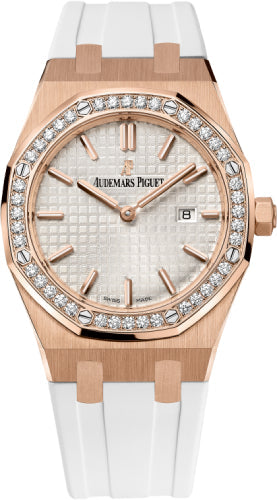Royal Oak Quartz Ladies Rose Gold Silver Index Diamond Bezel 33mm White Rubber