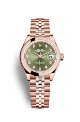 Lady-Datejust 28 Everose Domed / Jubilee /  Olive Green Diamond