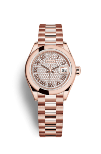 Lady-Datejust 28 Everose Domed / President /  Paved Roman