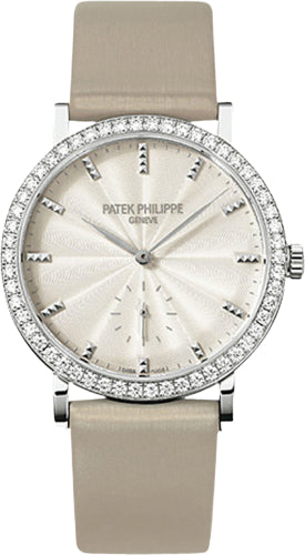 Calatrava Ladies 31mm Cream Guillouche Diamond Bezel White Gold Leather Manual