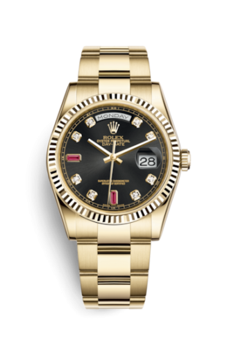 Day-Date 36 Yellow Gold Fluted / Oyster / Black Diamonds Rubies