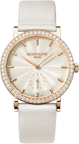 Calatrava Ladies 31mm Cream Guillouche Diamond Bezel Rose Gold Leather Manual