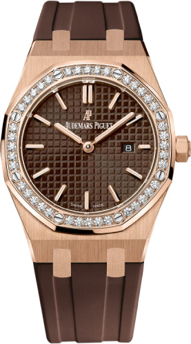 Royal Oak Quartz Ladies Rose Gold Brown Index Diamond Bezel 33mm Rubber