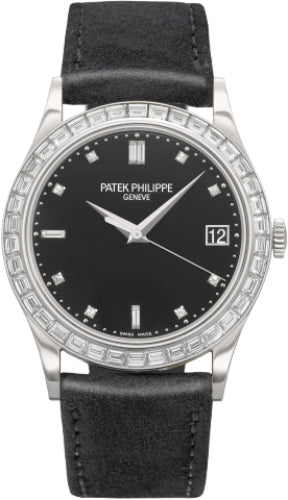 Calatrava Black Baguette Diamond Bezel Date Platinum Leather