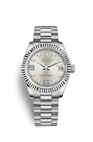Datejust 31 White Gold Fluted / President / Silver Diamonds & Sapphires