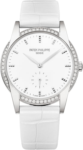 Ladies Calatrava 33mm White Hobnail Index Diamond Bezel White Gold Leather