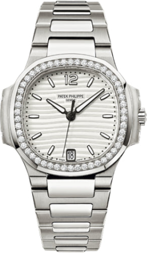 Nautilus Ladies 33.6mm Silver Index Diamond Bezel Stainless Steel Diamond Set Date